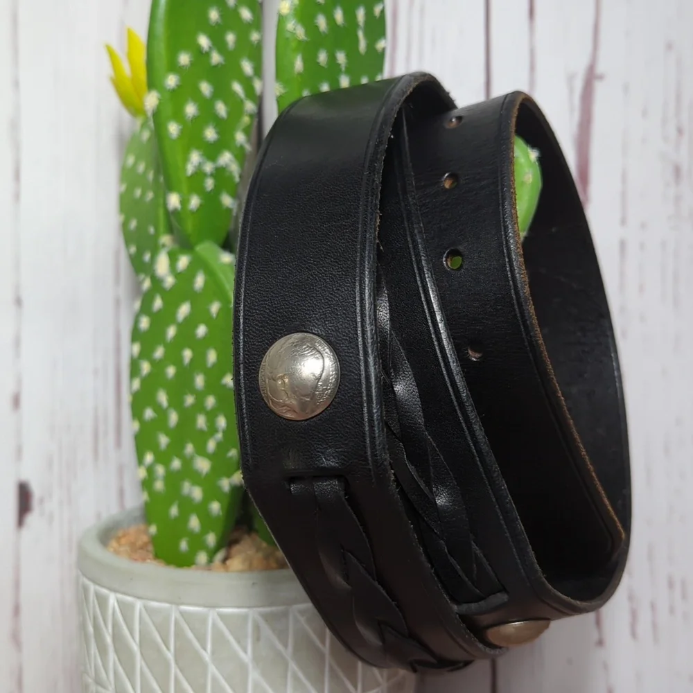 Vintage Full‎ Grain Black Leather Belt with Buffalo Nickel Conchos Southwest 46